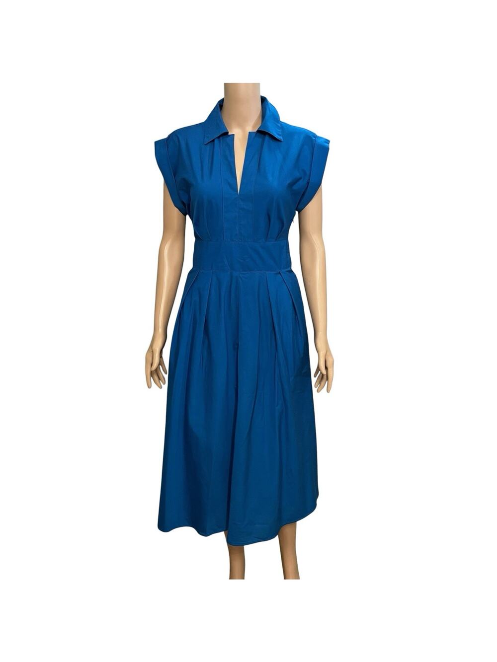 Banana Republic Poplin Midi Shirt Dress 2 Fit And Flare Blue Split Neck Collared